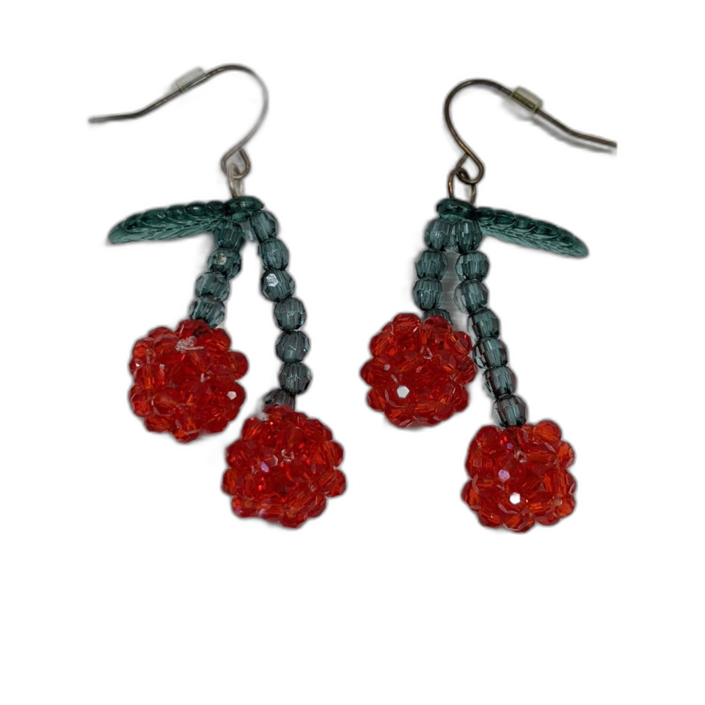 Beaded Cherry Earrings Handmade Dangle Green Red Coquette Pin Up Office Siren